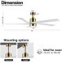 WINGBO 54 Inch DC Ceiling Fan with Lights and Remote Control, 5 Reversible Carved Wood Blades, 6-Speed Noiseless DC Motor, Modern Ceiling Fan in Brass Finish with White Blades, ETL Listed