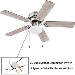 Ceiling Fan Switch ZE-208s E89885 3 Speed 4 Wire Fan Light Switch Replacement Part Speed ControlPull Chain Switch (Brass Chain)