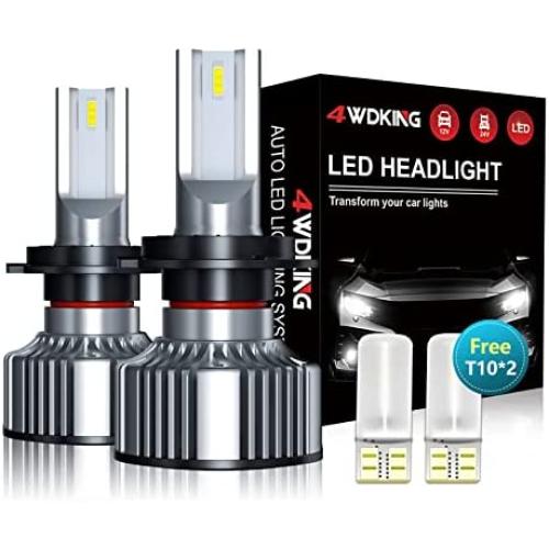 4WDKING H7 Headlight Bulbs Replacement, Super Bright for Low Beam/High Beam with 2Pcs T10, 12000 Lumens Conversion Kit Plug and Play, 6500K Bright White