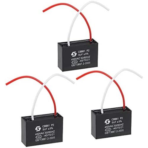uxcell Ceiling Fan Capacitor CBB61 5uF 450V AC 2 Wires Metallized Polypropylene Film Capacitor 47x32x19mm for Electric Fan Pump Motor Generator 3Pcs