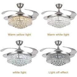 Crystal Ceiling Fans with Lights,42 Inch LED 3 Color Remote Control Retractable Invisible Blades 3 Speeds Indoor Ceiling Light Kits with Fans for Decorate Living Room Bedroom