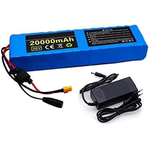 36V 20Ah E-Bike Lithium Ion Battery Pack, with Charger + Fuse + BMS, Ideal for 200W-500W Motors, Rechargeable Replacement Battery