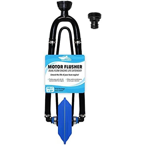 Seaworks Dual Feed Muff Style Boat Motor Flusher | Use for Antifreeze Winterization or Common Water Flush | 5/8 Inch Standard Garden Hose Connection (Blue)