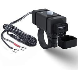 iMESTOU Motorcycle Phone Charger Kit 18W Ring Terminal to USB C 3.0A Quick Charge Dual USB QC 3.0 Handlebar Cellphone Charge Adapter Switch & Fuse for 12V/24V Motorcycles