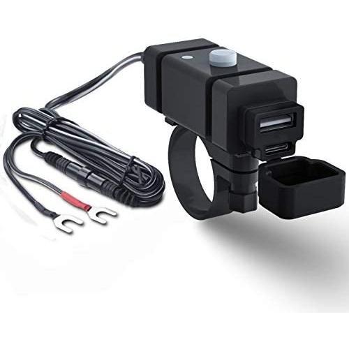 iMESTOU Motorcycle Phone Charger Kit 18W Ring Terminal to USB C 3.0A Quick Charge Dual USB QC 3.0 Handlebar Cellphone Charge Adapter Switch & Fuse for 12V/24V Motorcycles