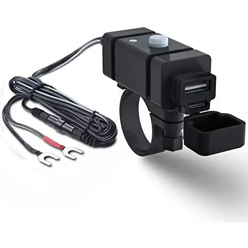 iMESTOU Motorcycle Phone Charger Kit 18W Ring Terminal to USB C 3.0A Quick Charge Dual USB QC 3.0 Handlebar Cellphone Charge Adapter Switch & Fuse for 12V/24V Motorcycles