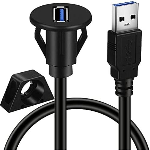 BATIGE 2 Pack Small USB 3.0 Male to Female AUX Flush Panel Mount Extension Cable for Car Truck Boat Motorcycle Dashboard 3ft