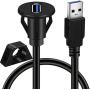BATIGE 2 Pack Small USB 3.0 Male to Female AUX Flush Panel Mount Extension Cable for Car Truck Boat Motorcycle Dashboard 3ft