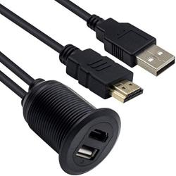 Duttek USB2.0 & HDMI Panel Flush Mount Cable, USB 2.0 & HDMI Male to Female Extension Mount, Dash Mount, Flush Mount, Panel Mount Cable, for Car, Boat, Motorcycle 1M/3.3 FT