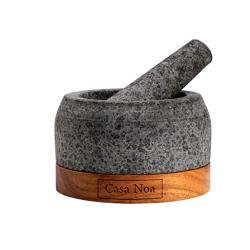 Casa Noa Mortar and Pestle Set with Wood Base - Heavy & Solid Unpolished Granite - 100% Natural, Large Guacamole Bowl, Stone Grinder, Molcajete Bowl, Anti-Scratch, 1.8 Cup Capacity, 5.8-Inch Pestle
