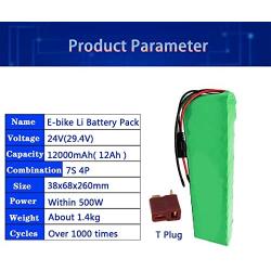 Wnicek 24V 12000mAh Ebike Battery Pack 12Ah 7S 4P Waterproof Li-ion Battery Fits for 500W-100W E-Bike Motor Customizable Lithium Battery Pack with BMS and Charger