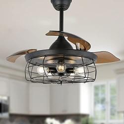 Industrial Ceiling Fan with Lights and Remote Control, 42 Inch Chandelier Fan with Retractable Blades, Vintage Cage Ceiling Lights, Black