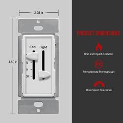 ENERLITES 3 Speed Ceiling Fan Control and LED Dimmer Light Switch, 2.5A Single Pole Light Fan Switch, 300W Incandescent Load, No Neutral Wire Required, 17001-F3-W, White