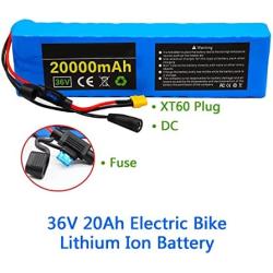36V 20Ah E-Bike Lithium Ion Battery Pack, with Charger + Fuse + BMS, Ideal for 200W-500W Motors, Rechargeable Replacement Battery