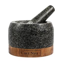 Casa Noa Mortar and Pestle Set with Wood Base - Heavy & Solid Polished Granite - 100% Natural, Large Guacamole Bowl, Stone Grinder, Molcajete Bowl, Anti-Scratch, 1.8 Cup Capacity, 5.8-Inch Pestle