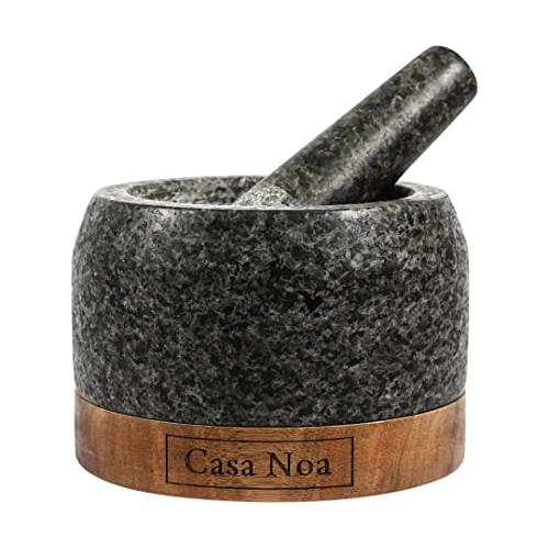 Casa Noa Mortar and Pestle Set with Wood Base - Heavy & Solid Polished Granite - 100% Natural, Large Guacamole Bowl, Stone Grinder, Molcajete Bowl, Anti-Scratch, 1.8 Cup Capacity, 5.8-Inch Pestle