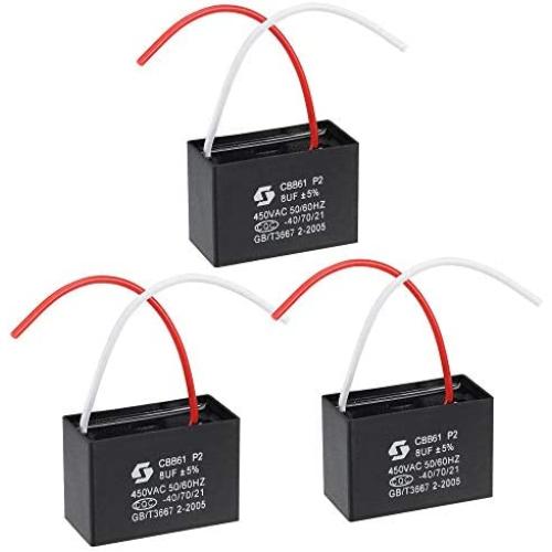 uxcell Ceiling Fan Capacitor CBB61 8uF 450V AC 2 Wires Metallized Polypropylene Film Capacitor 51x35x25mm for Electric Fan Pump Motor Generator 3Pcs