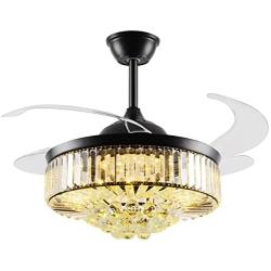 36in Dimmable Retractable Crystal Ceiling Fan Color Temperature 500k-6500k Fandelier Ceiling Fan with Lights Memory 6 Speed Chandeliers with Fans Retractable Blades for Bedroom Room