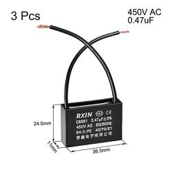 uxcell Ceiling Fan Capacitor CBB61 0.47uF 450V AC 2 Wires Metalized Polypropylene Film Capacitors 36.5x11x24.5mm for Water Pump Motor Generator, Pack of 3
