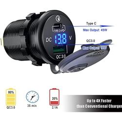GemCoo 12V USB Charger, PD Type C Car Charger Socket and QC 3.0 Dual USB Charger Socket 63W, Waterproof Power Outlet Fast Charge for Motorcycle Marine Boat RV ATV (Type C+ QC3.0(G))