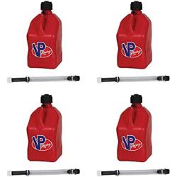 VP Racing Fuels 5.5 Gallon Square Motorsport Racing Fuel Utility Container Jugs with Dual Deluxe 14 Inch Filler Hoses, Red (4 Pack)
