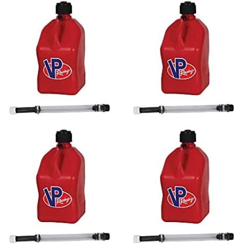 VP Racing Fuels 5.5 Gallon Square Motorsport Racing Fuel Utility Container Jugs with Dual Deluxe 14 Inch Filler Hoses, Red (4 Pack)