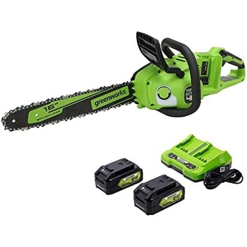 Greenworks 48V 16-inch Brushless Cordless Chainsaw, (2) 4.0Ah USB Batteries (USB Hub) and Dual Port Rapid Charger Included, CS48L4411