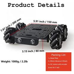 Professional 80mm Mecanum Wheel Car Chassis MC200 for Arduino / Raspberry pi / Micobit, Remote Control 4WD Metal Smart Robot Car Chassis Kit Omnidirectional Wheel with DC TT Motor DIY Toy AI RoS STEAM