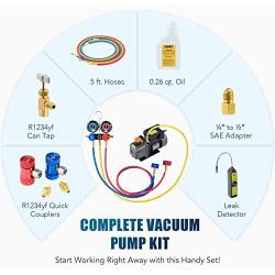 Orion Motor Tech R1234yf AC Gauges and Vacuum Pump, with Leak Detector 5FT Hoses R1234yf can tap R1234yf Quick Couplers, 4 cfm Vacuum Pump and Manifold Gauge Set, 1/3 HP Vacuum Pump R1234yf Gauge Set
