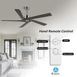 WINGBO 54 Inch DC Ceiling Fan without Lights, 5 Reversible Carved Solid Wood Blades, 6-Speed Noiseless DC Motor, Ceiling Fan No Light with Remote, Brushed Nickel Finish with Gray Blades, ETL Listed