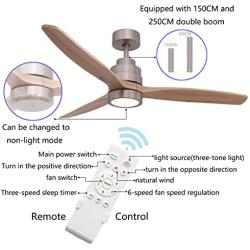 RUXUHSNDQ Iron Ceiling Fan, With Light, With Remote Control, 3 Color Temperature LED Lights, 6-Speed Scheduling, Timing, 3 Wooden Blades, Diameter 132 cm, 40 W DC Silent Motor (Nickel+Wood