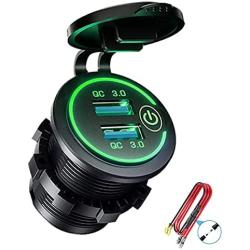 Quick Charge 3.0 Dual USB Charger Socket, Waterproof 12V/24V USB Outlet QC3.0 Fast Charger Socket with Touch Switch DIY Kit for Car, Golf Cart, Marine, Boat, RV, Motorcycle, Truck,etc(Green)