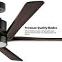 WINGBO 54 Inch DC Ceiling Fan with Lights and Remote Control, 5 Reversible Carved Wood Blades, 6-Speed Noiseless DC Motor, Modern Ceiling Fan in Matte Black Finish with Walnut Blades, ETL Listed