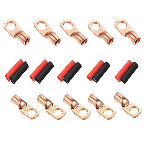 10 Pcs Copper Wire Lugs 8 Gauge 8 AWG 3/8 Inch Stud Ring terminals Heavy Duty Copper Crimp Lugs Welding Cable Bare Copper Eyelet Lug with 10pc Heat Shrink Tubing Assortment Kit