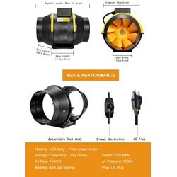 6 inch Inline Duct Fan, FanGoFast 150mm 312CFM Grow Tent Fan w/Dimmer US Cord for Hydroponics, HVAC Ventilation(Odor Exhaust)