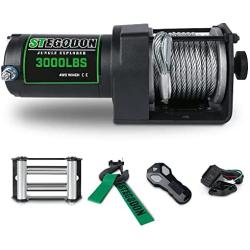STIMULATER New 3000lbs.Load Capacity Winch 12V Steel Cable Winch Waterproof IP 67 Electric Winch with Wired Remote and Wireless Remotes, 4-Way Roller Fairlead, Strap and Hook for ATV/UTV/Boat (Black)…