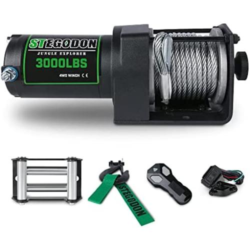 STIMULATER New 3000lbs.Load Capacity Winch 12V Steel Cable Winch Waterproof IP 67 Electric Winch with Wired Remote and Wireless Remotes, 4-Way Roller Fairlead, Strap and Hook for ATV/UTV/Boat (Black)…