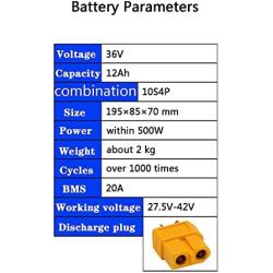 36V 12Ah E-Bike Lithium Ion Battery Pack, with 42V Charger + Built-in 20A BMS, for 200W-500W Motors, Rechargeable Replacement Battery
