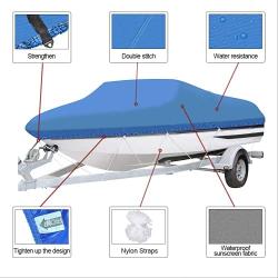 14-16ft Trailerable 210D Boat Cover, Heavy Duty Waterproof UV Resistant Marine Grade Oxford Fabric fits V-Hull,TRI-Hull,Trailer,Pro-Style,Fishing Ski,Runabout,Bass Boat with Strap Blue