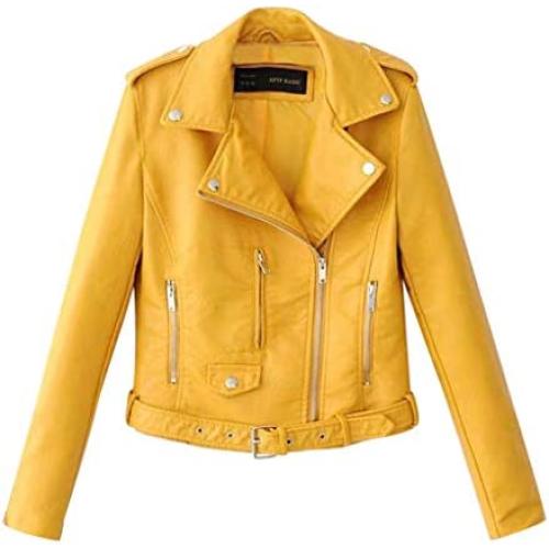 Women Ladies Lapel Motor Jacket Coat Zip Biker Short Punk Cropped Tops Solid Color Faux Leather Jacket