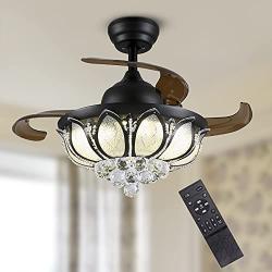 Moooni 36 Inch Dimmable Fandelier with Lights,Crystal Chandelier Ceiling Fan with Remote Controller, Silent Retractable Blades Crystal Chandelier Fan Dimmable LED Fan Light Kit-Black