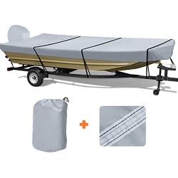 RVMasking Heavy Duty 600D Jon Boat Cover Upgraded Triple Waterproof Tear-Resistant Polyester Jon Boat Cover with Motor Cover, Fits 14ft Long and Beam Width up to 70inch, Gray