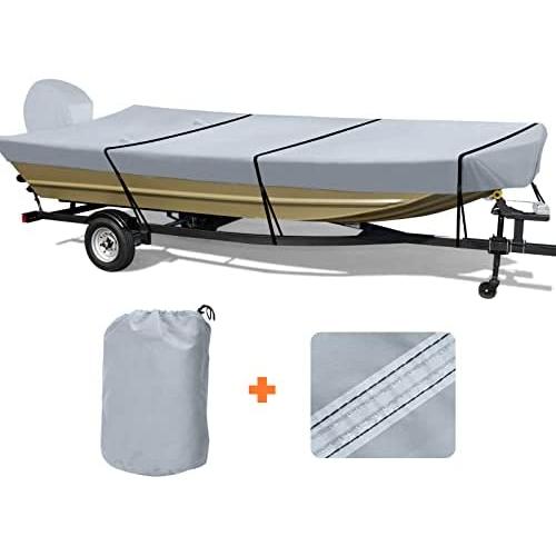 RVMasking Heavy Duty 600D Jon Boat Cover Upgraded Triple Waterproof Tear-Resistant Polyester Jon Boat Cover with Motor Cover, Fits 14ft Long and Beam Width up to 70inch, Gray
