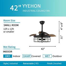 Industrial Ceiling Fan with Lights and Remote Control, 42 Inch Chandelier Fan with Retractable Blades, Vintage Cage Ceiling Lights, Black