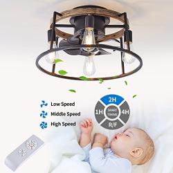 Recessed Remote Control Ceiling Fan With Light, Industrial Black Ceiling Fan, 3 Speed Reversible Motor, Suitable For Living Room, Bedroom, Church, etc. (Without Bulb Base)