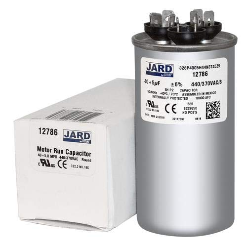 40 + 5 x 370/440 VAC Round Dual Run Capacitor by Jard # 12786