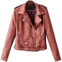 Women Ladies Lapel Motor Jacket Coat Zip Biker Short Punk Cropped Tops Solid Color Faux Leather Jacket
