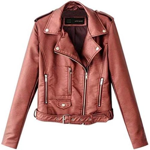 Women Ladies Lapel Motor Jacket Coat Zip Biker Short Punk Cropped Tops Solid Color Faux Leather Jacket