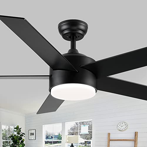 Ceiling Fans with Lights and Remote, 52 inch Black Ceiling Fan with Lights, LED, 5 Blades, 3-speed Reversible Motor, Modern Ceiling Fan for Bedroom, Living Room, Patio