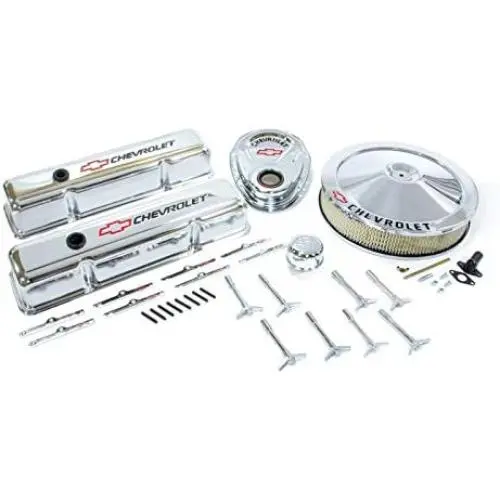Proform 141-900 Chrome Engine Dress-Up Kit with Black Chevrolet/Red Bowtie Logo for Small Block Chevy